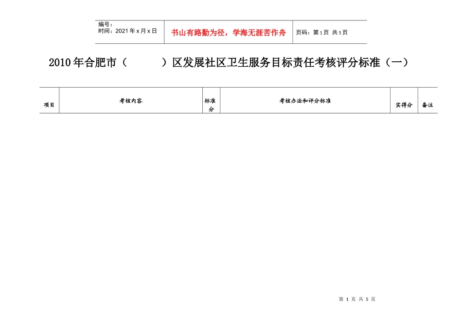 XXXX年合肥市（）区发展社区卫生服务目标责任考核评分标准_第1页