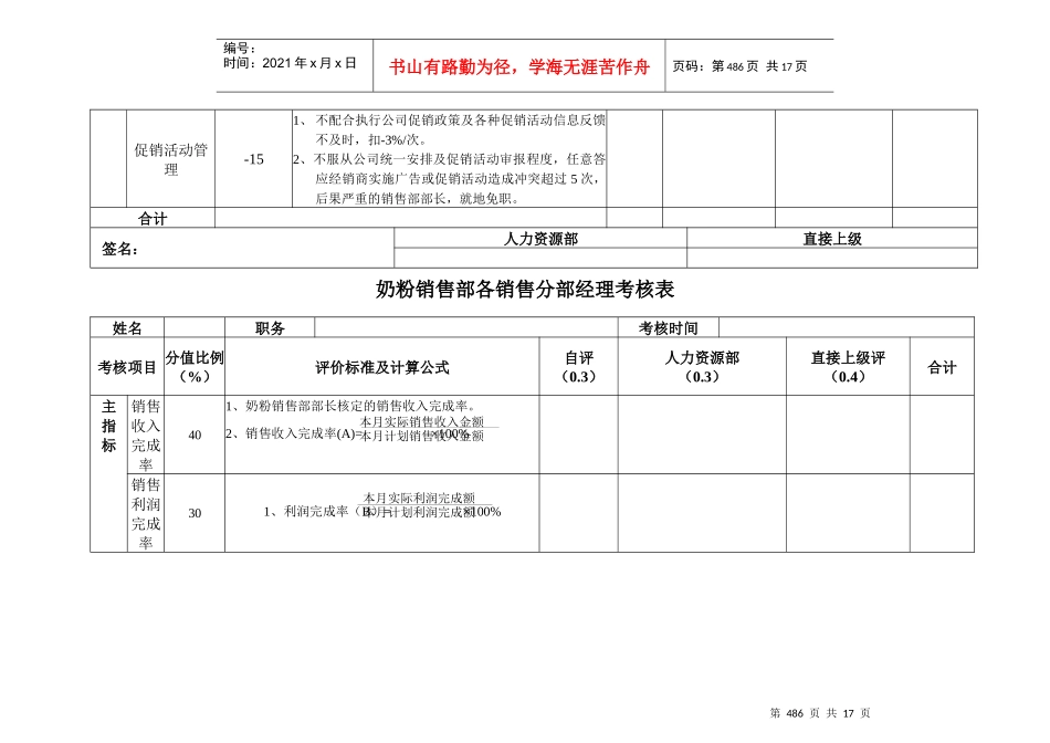 安盛—湖南亚华宾佳乐乳业公奶粉销售部考核表_第3页