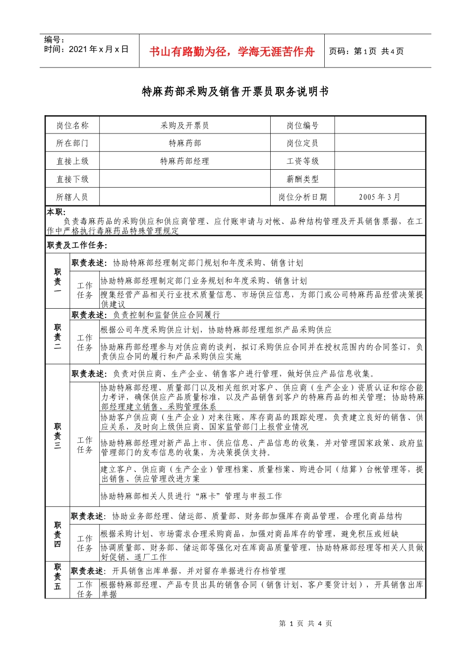 医药企业特麻药部采购及销售开票员职务说明书_第1页