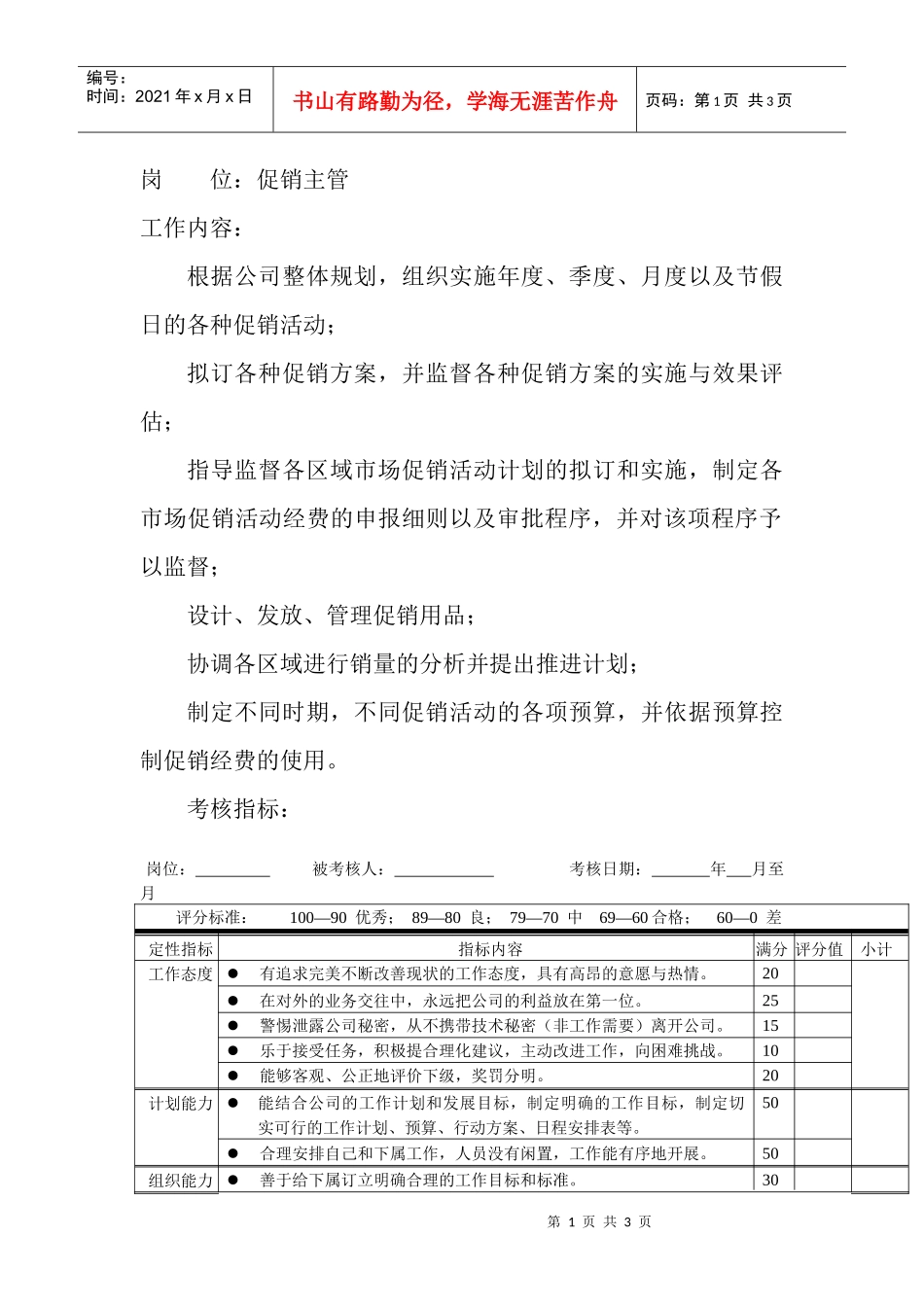 岗位工作内容和年度定性考核指-促销主管_第1页