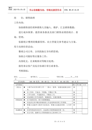 岗位工作内容和年度定性考核指标-销售助理