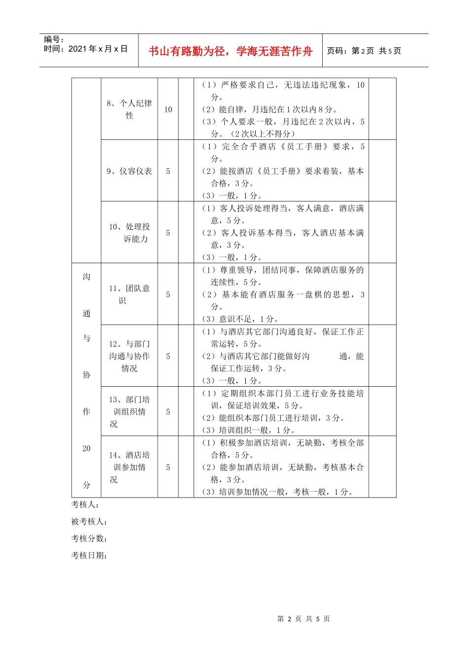 康乐中心领班及服务员考核表_第2页