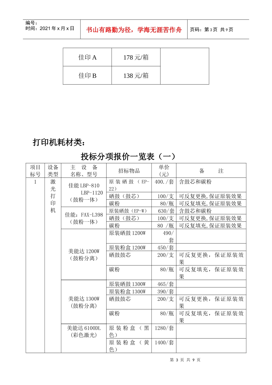 办公耗材协议供货单位及供货价格_第3页