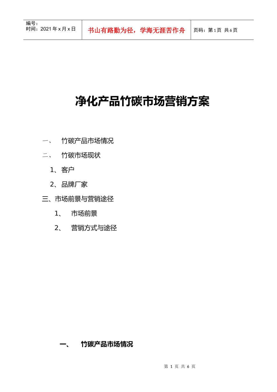 净化产品竹碳市场营销方案_第1页