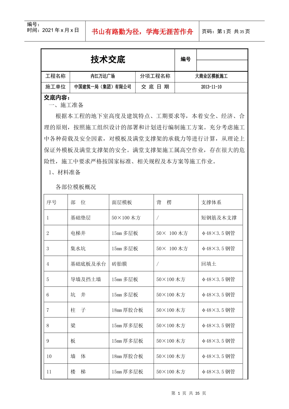 大商业区模板施工技术交底_第1页