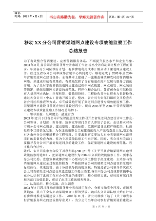 XX公司营销渠道网点建设专项效能监察报告
