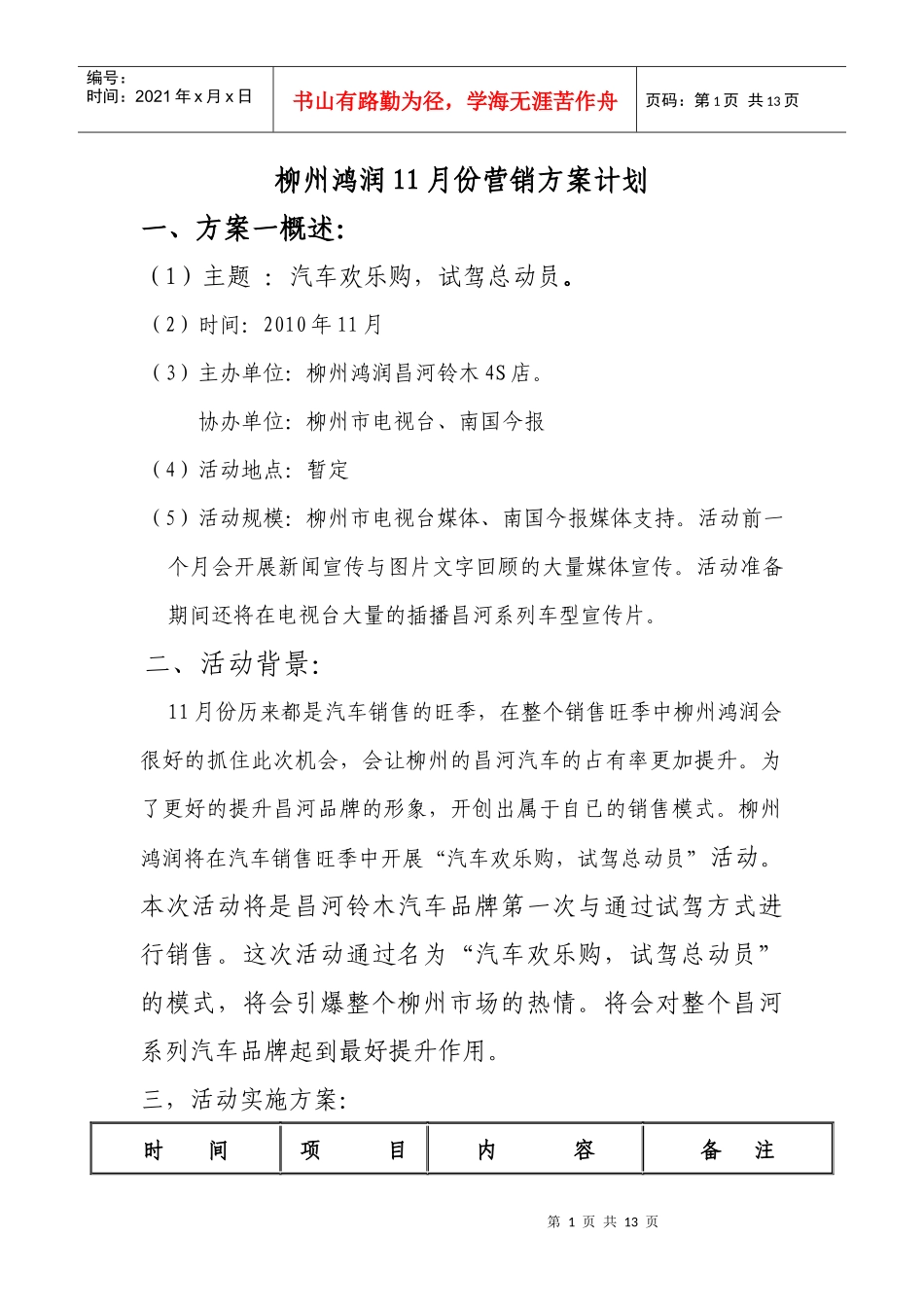 XXXX年柳州鸿润汽车4S店月份活动计划_第1页