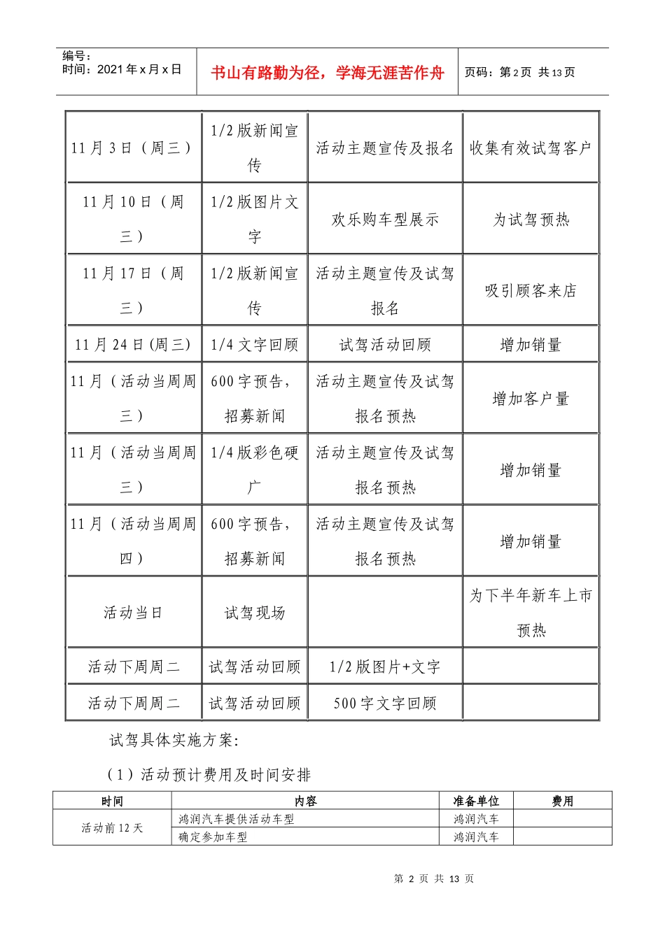XXXX年柳州鸿润汽车4S店月份活动计划_第2页