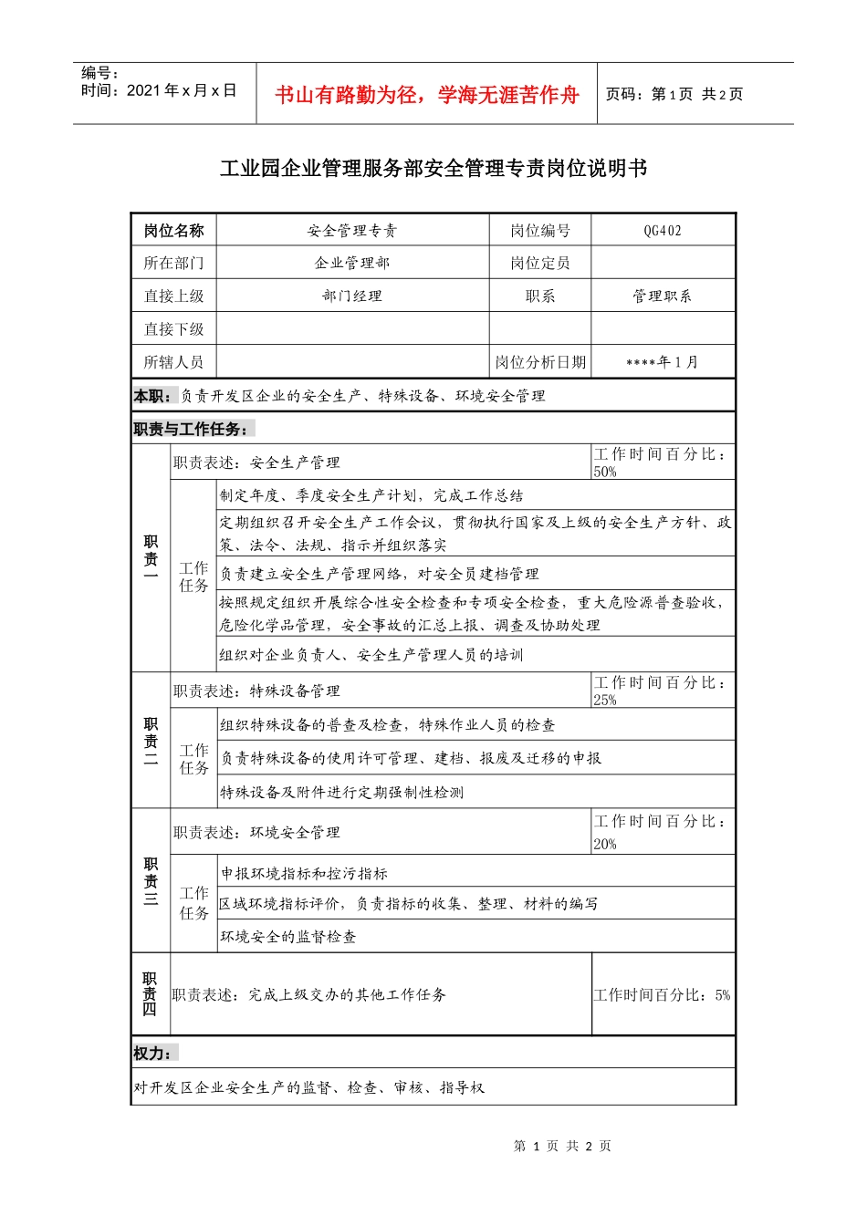 企业管理服务部安全管理专责岗位说明书_第1页