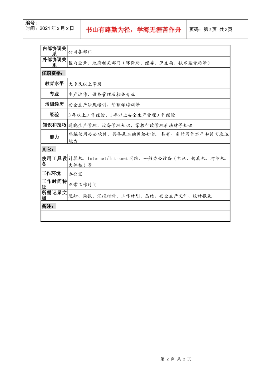 企业管理服务部安全管理专责岗位说明书_第2页