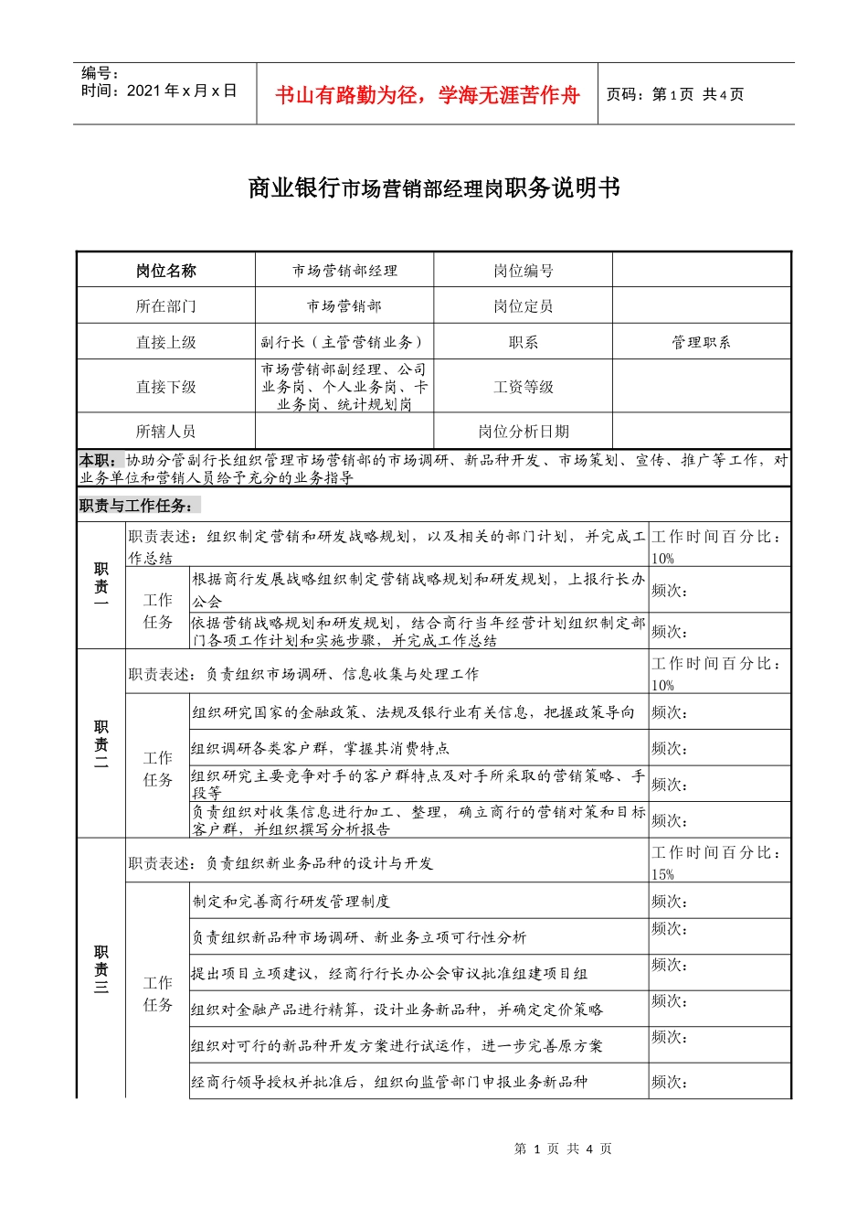 商业银行市场营销部经理岗职务说明书_第1页