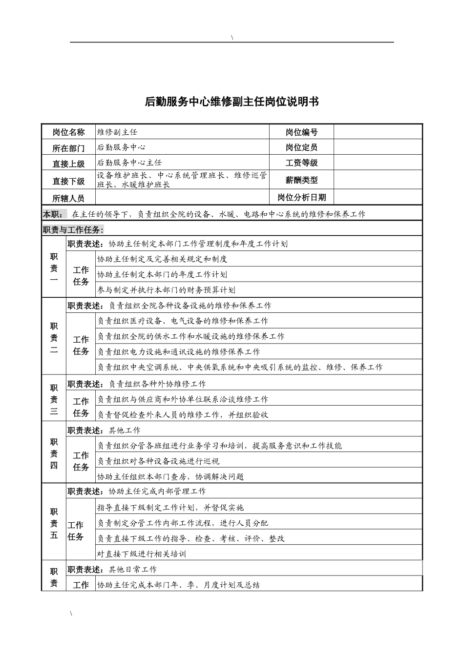 后勤服务中心维修副主任岗位说明书_第1页