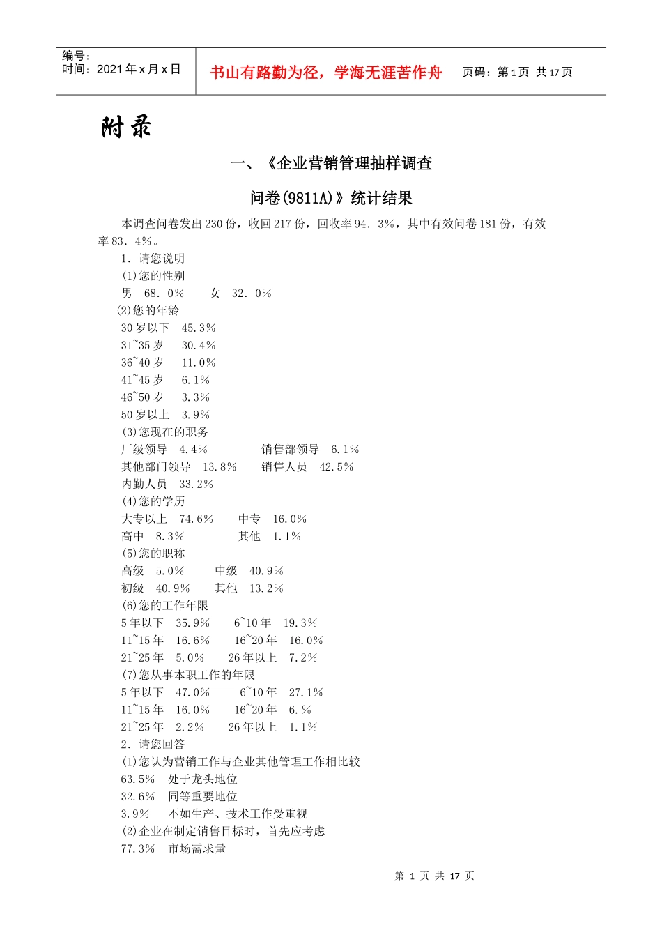企业营销管理抽样调查_第1页