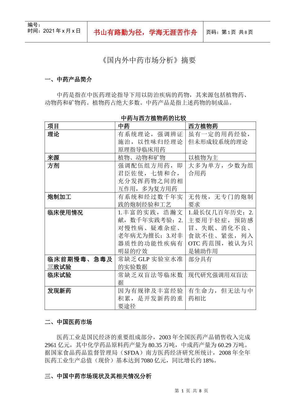 《国内外中药市场分析》摘要_第1页