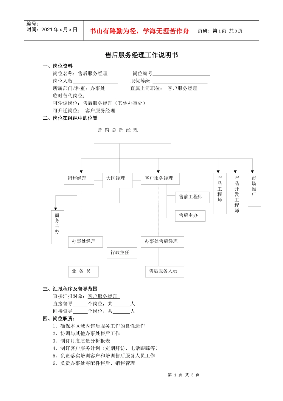 售后服务经理工作说明书_第1页