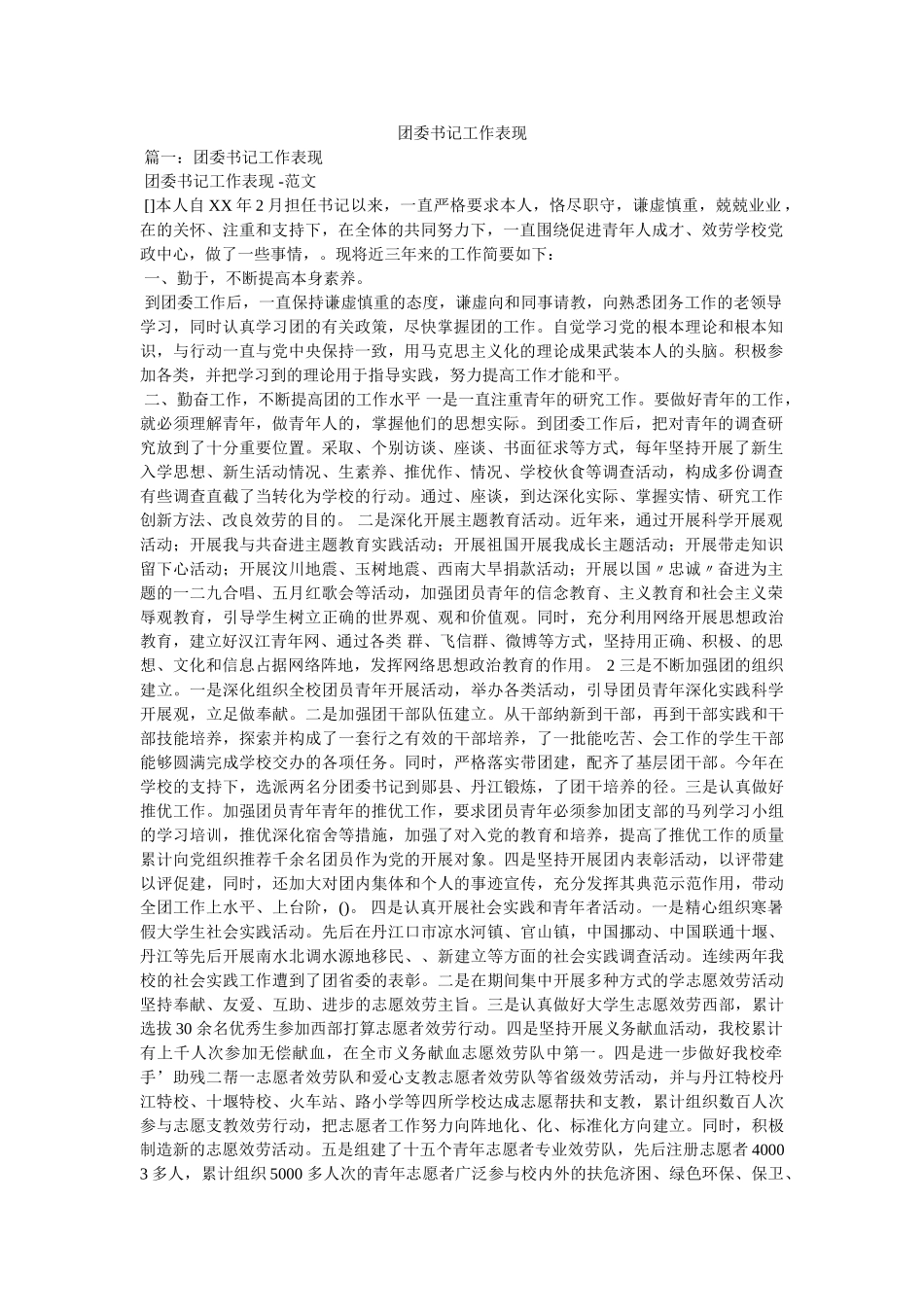 团委书记工作表现精选 _第1页