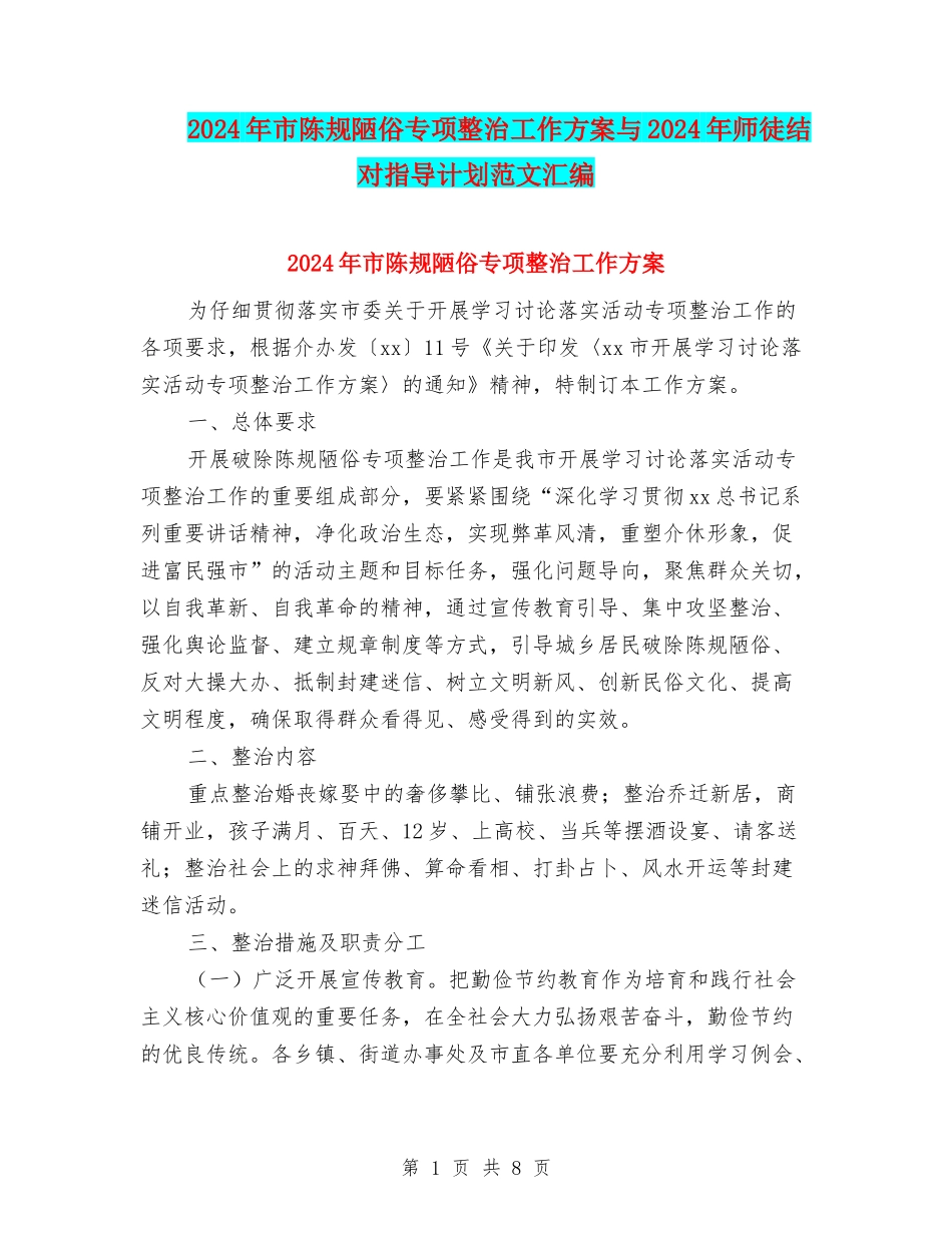 2024年市陈规陋俗专项整治工作方案与2024年师徒结对指导计划范文汇编_第1页