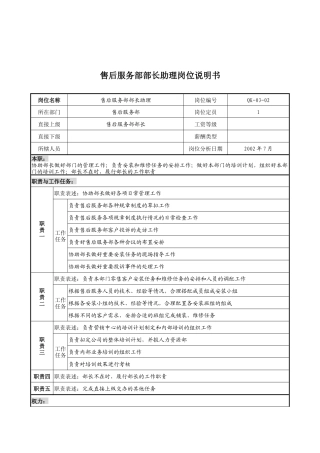 乾坤木业公司售后服务部部长助理岗位说明书