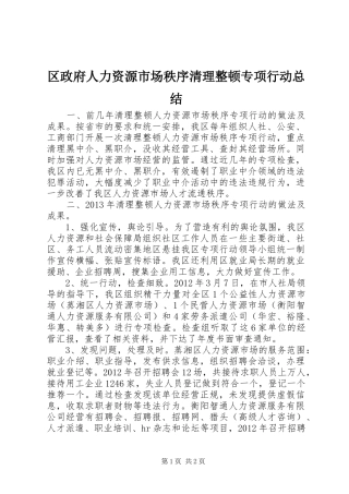 区政府人力资源市场秩序清理整顿专项行动总结