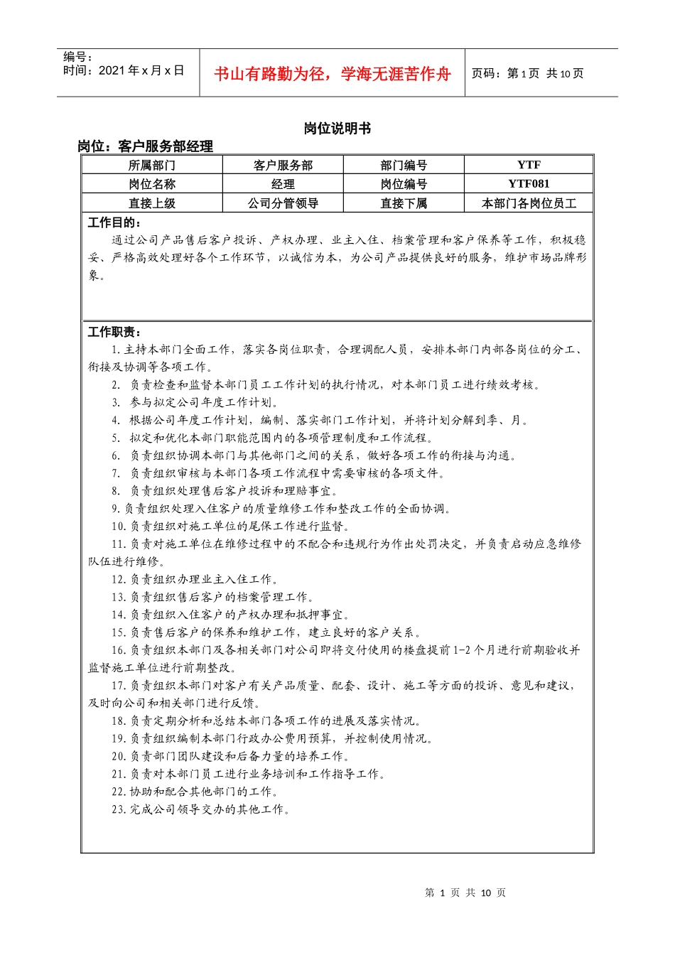 市场中心客服部岗位说明书_第1页