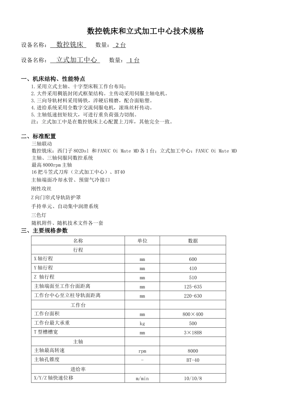 数控铣床和立式加工中心技术规格_第1页