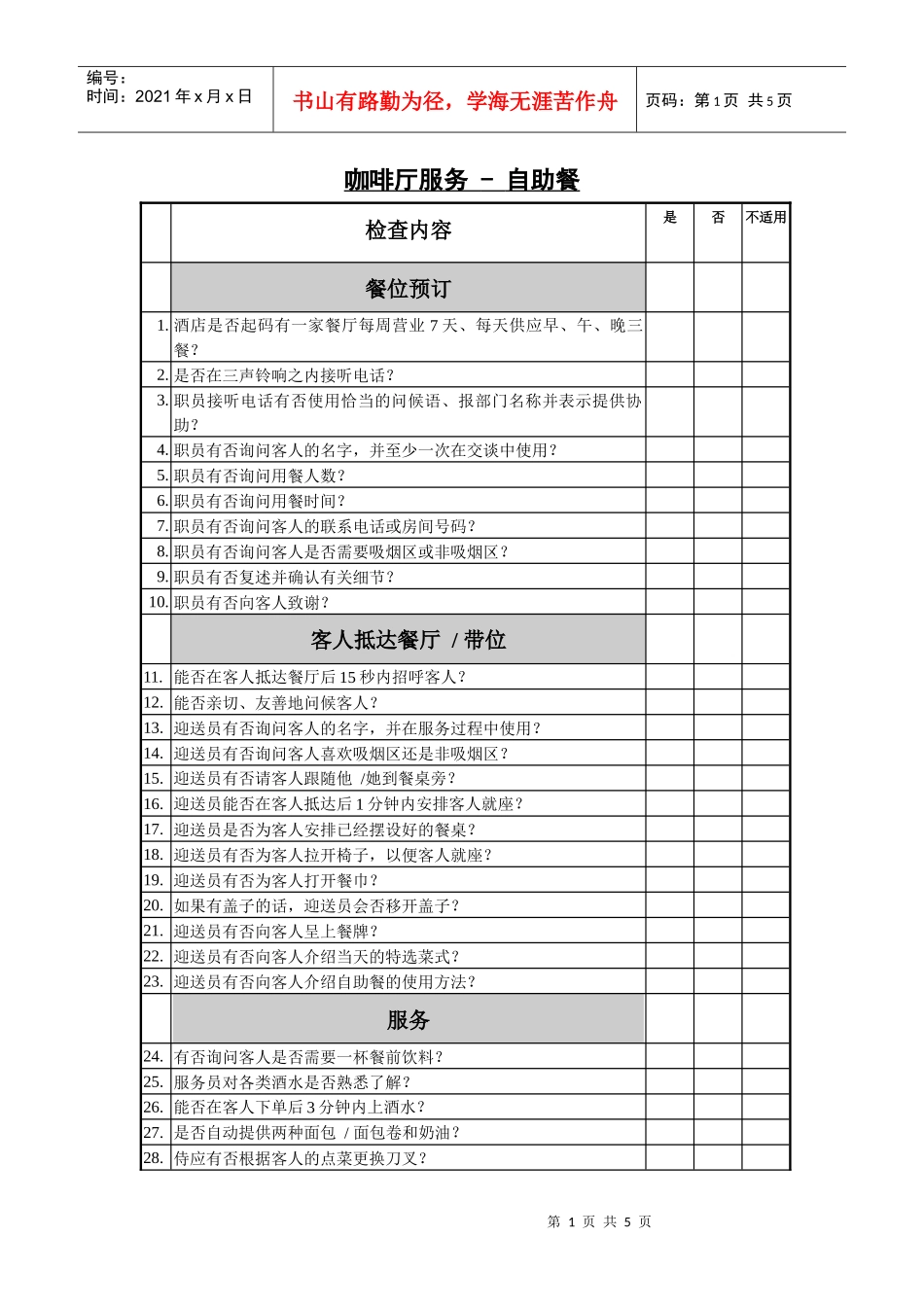 咖啡厅服务检查表（自助餐）_第1页