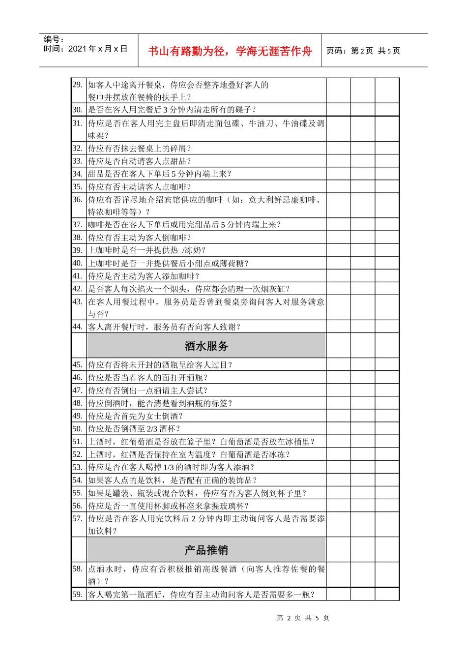 咖啡厅服务检查表（自助餐）_第2页