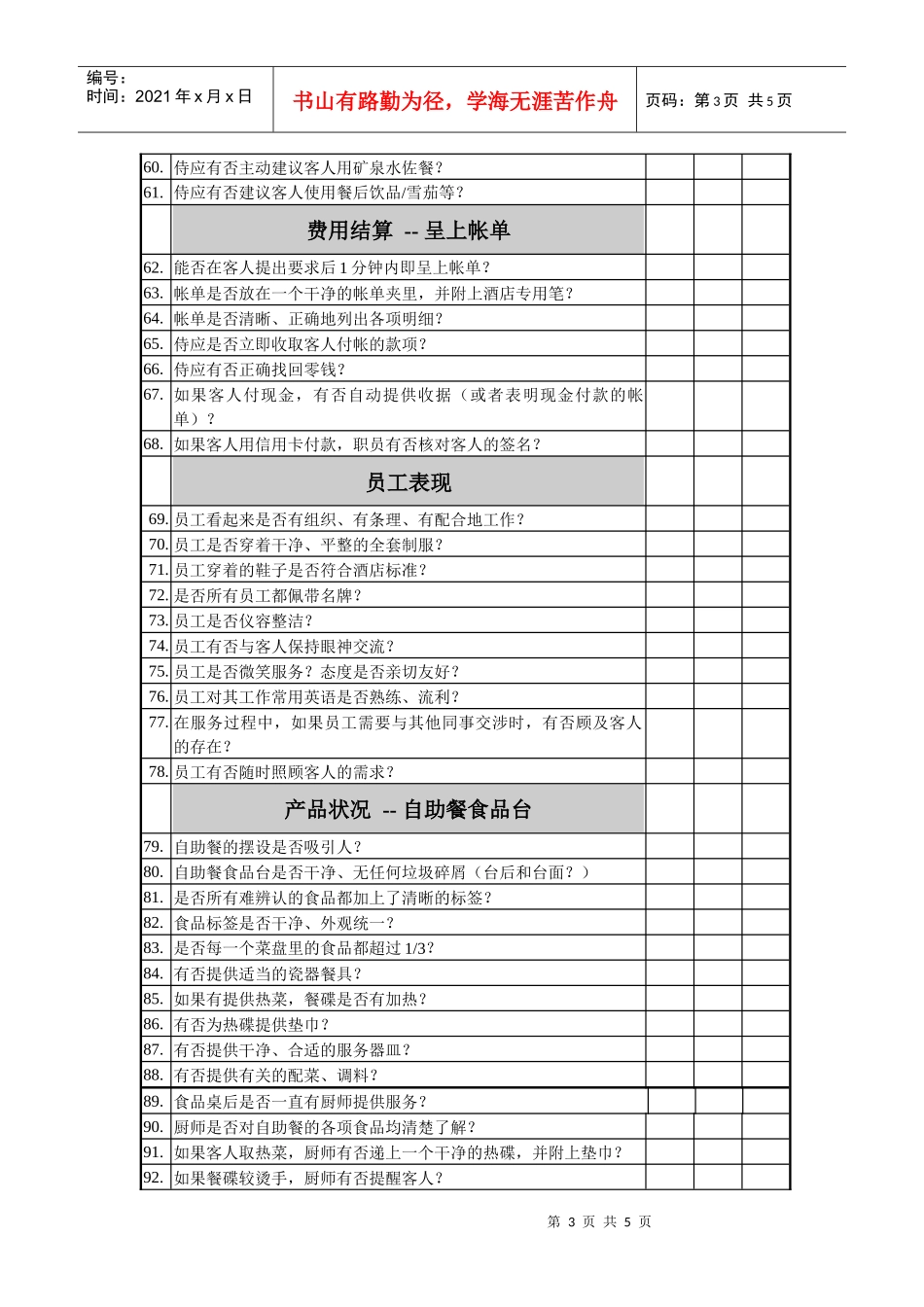 咖啡厅服务检查表（自助餐）_第3页