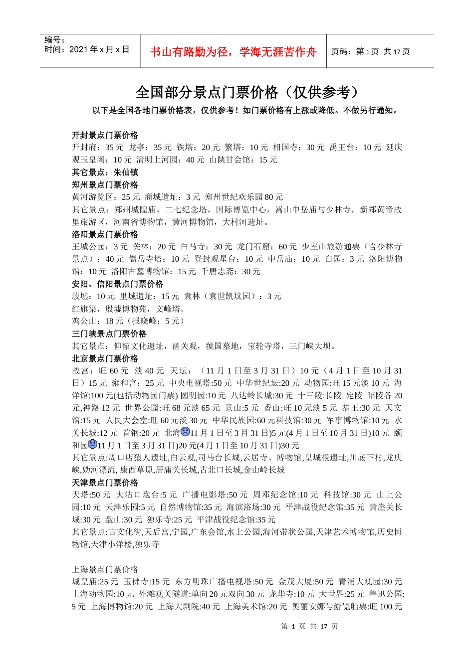全国部分景点门票价格(仅供参考)_第1页