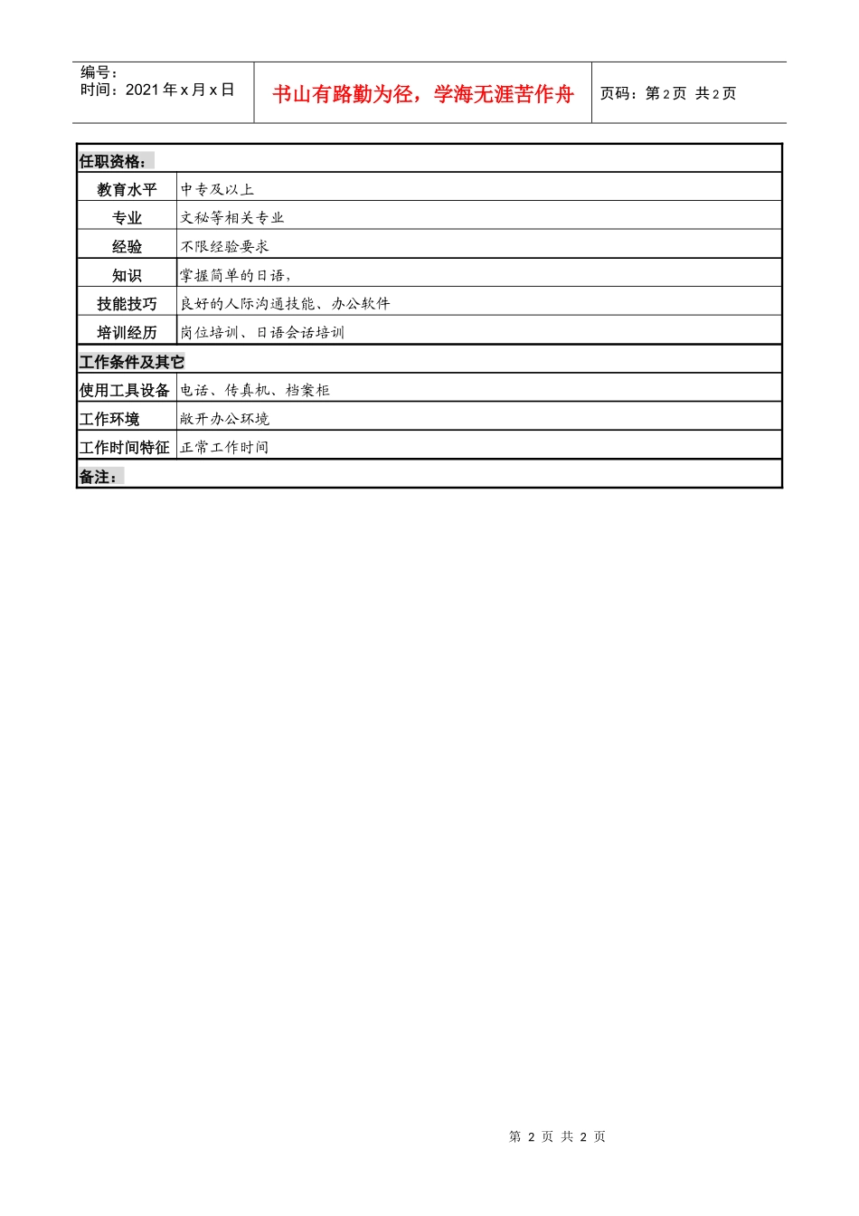 化妆品公司前台接待岗岗位说明书_第2页