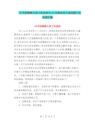 10月份销售人员工作总结与10月报社员工试用期工作总结汇编
