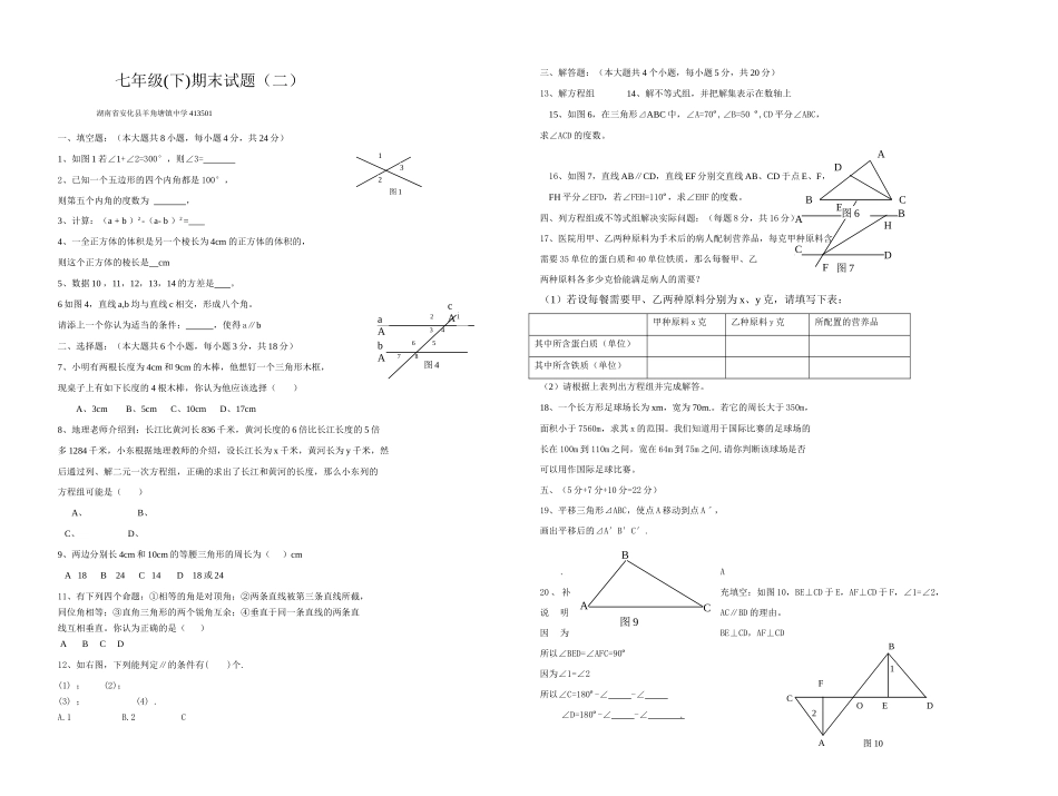 羊角七年级下期末数学试题二无答案 _第1页