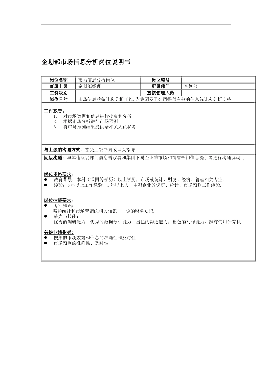 企划部市场信息分析岗位说明书_第1页