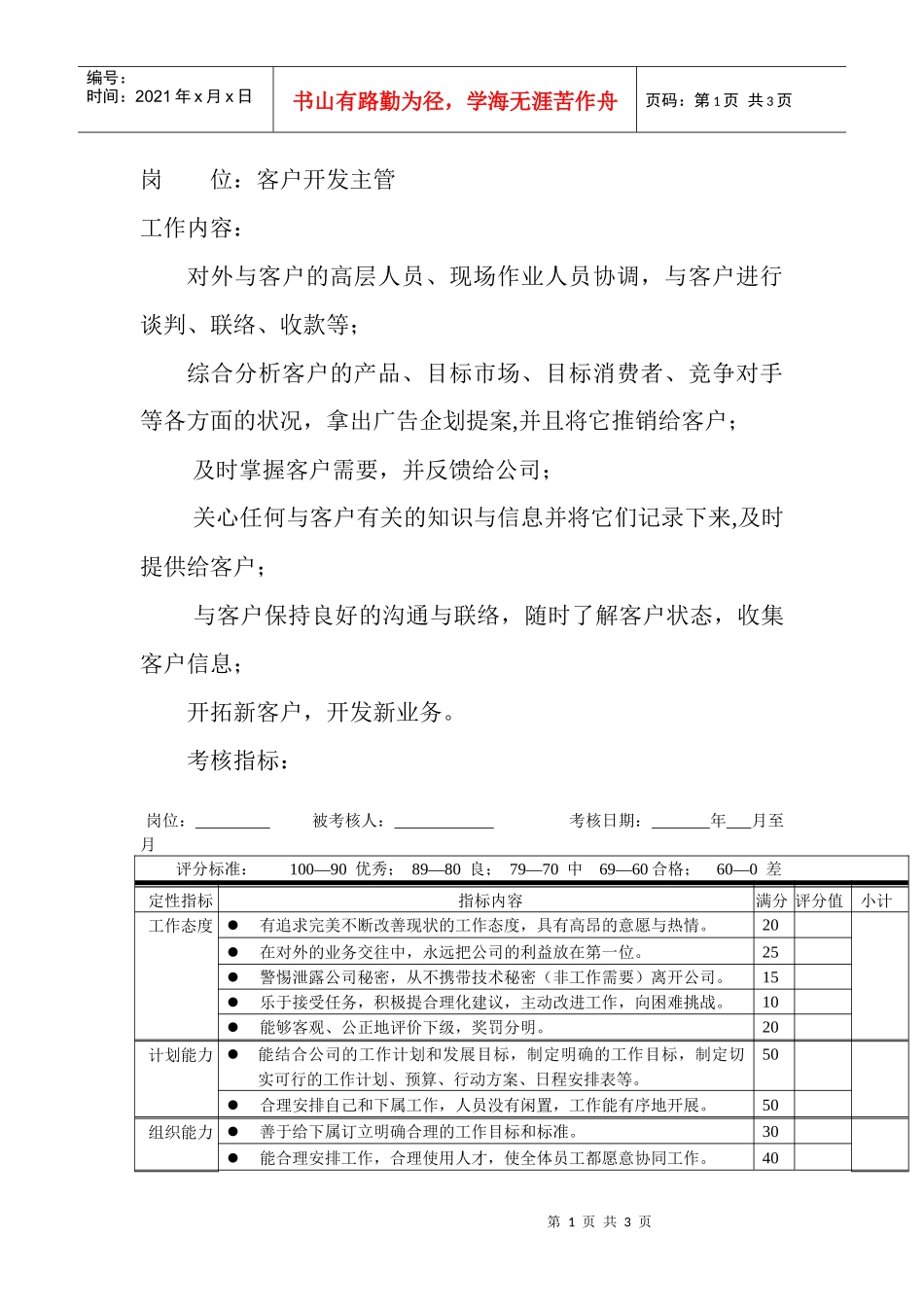 岗位工作内容和年度定性考核指-客户开发主管_第1页
