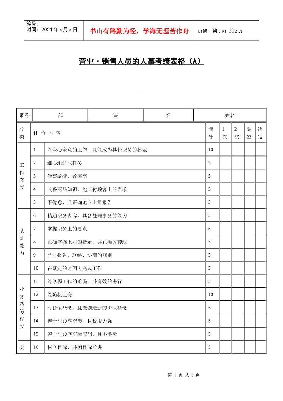 【绩效考核】营业·销售人员的人事考绩表格（A）_第1页
