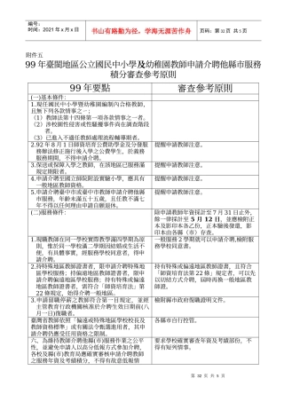 99年台闽地区公立国民中小学及幼稚园教师申请介聘他县市服务积分审查