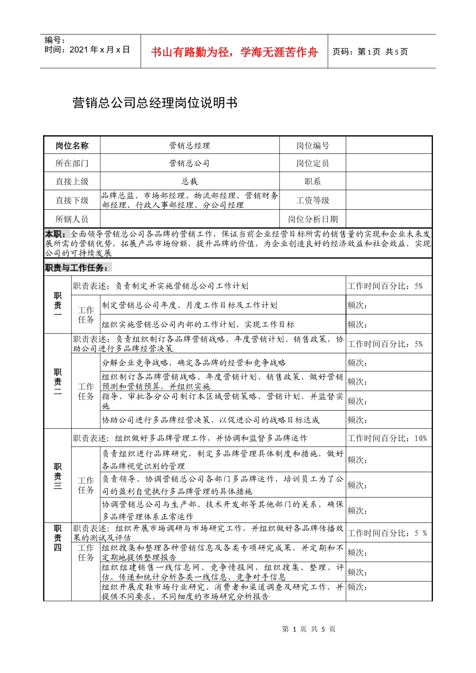 制鞋企业营销总公司总经理岗位说明书_第1页