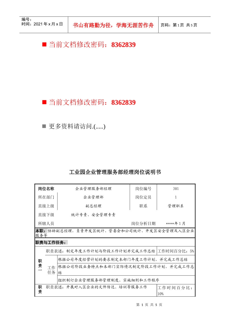 工业园企业管理服务部经理职务说明书_第1页