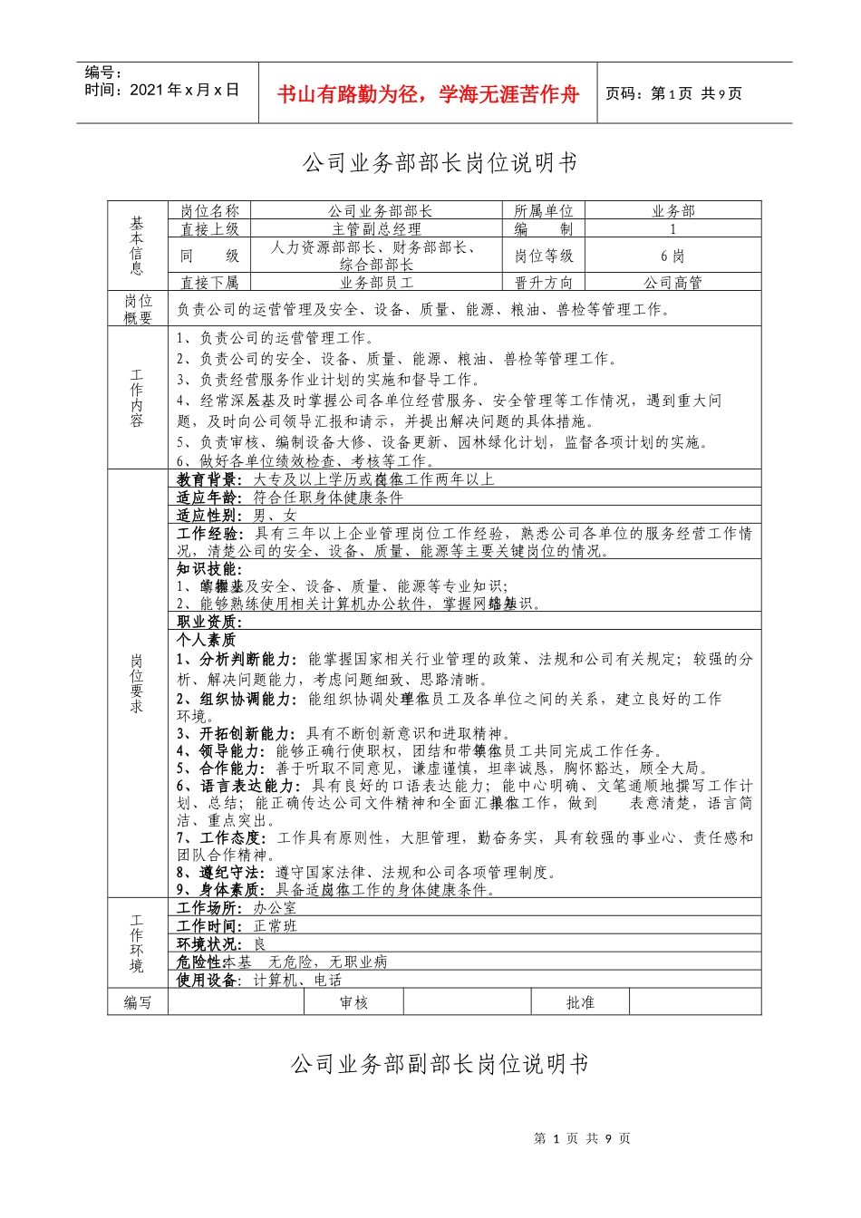 业务部岗位说明书_第1页
