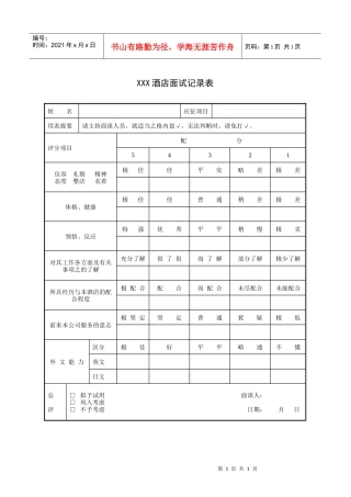 XXX酒店面试记录表