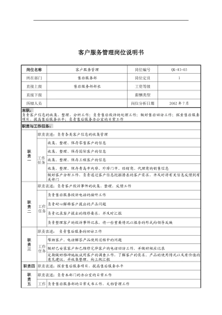 乾坤木业公司客户服务管理岗位说明书