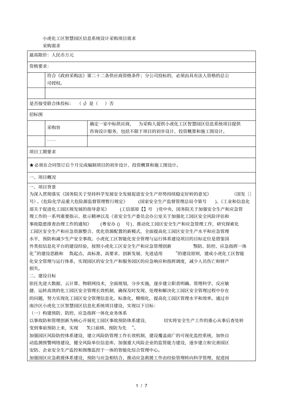 小虎化工区智慧园区信息系统设计采购项目需求_第1页