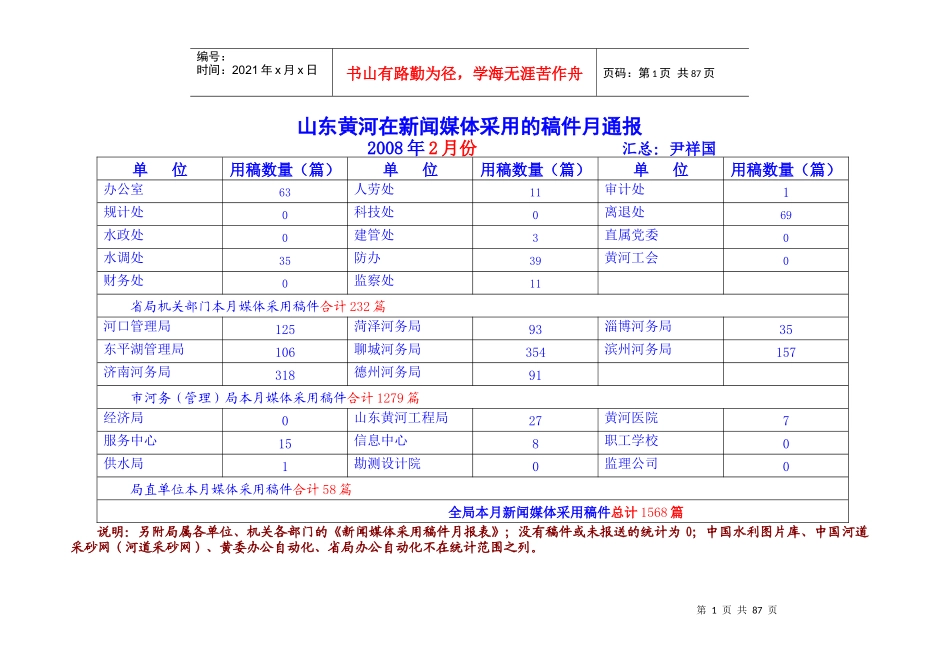 山东黄河在新闻媒体采用的稿件月通报_第1页