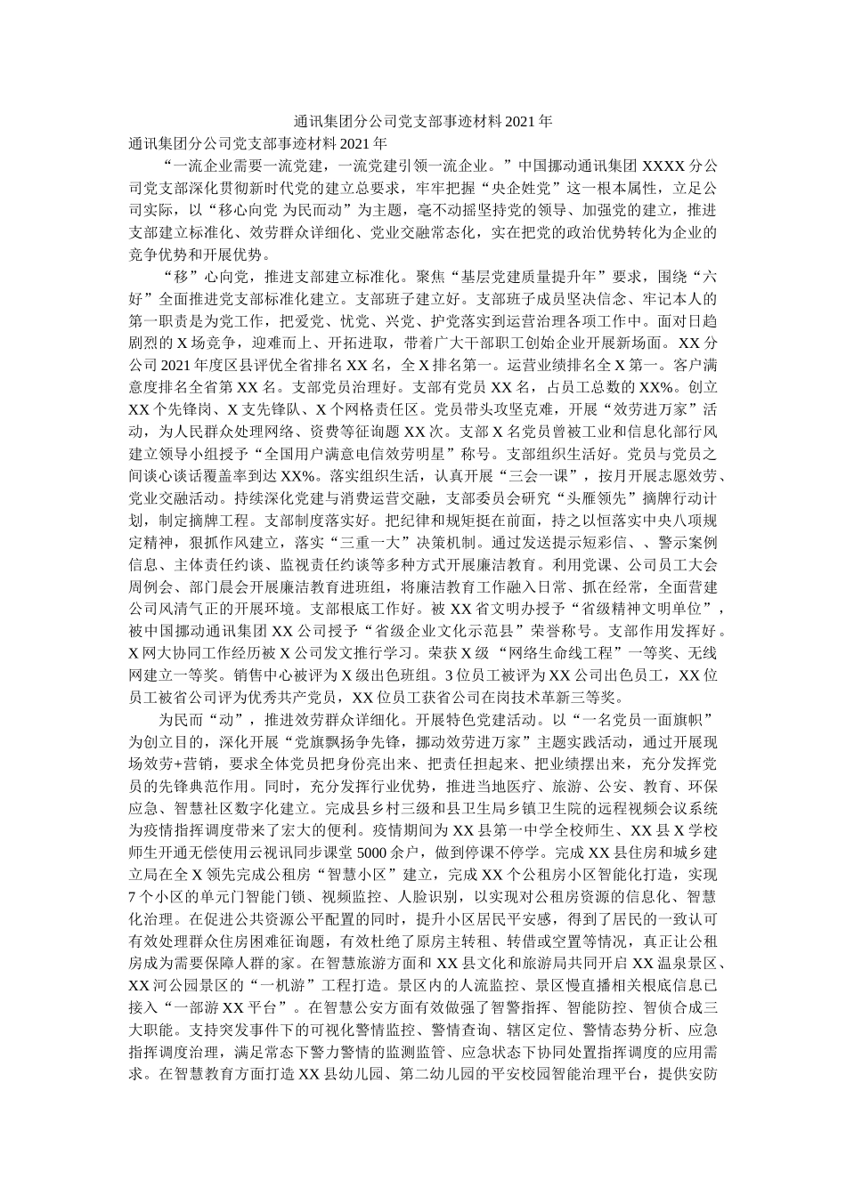 通信集团分公司党支部事迹材料2021年 _第1页