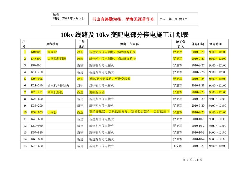 10kv线路及10kv变配电部分停电施工计划表_第1页