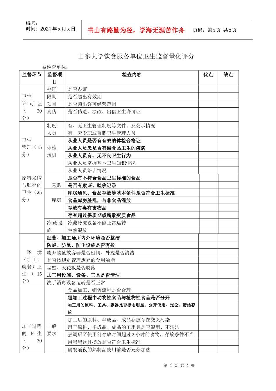 山东大学饮食服务单位卫生监督量化评分_第1页