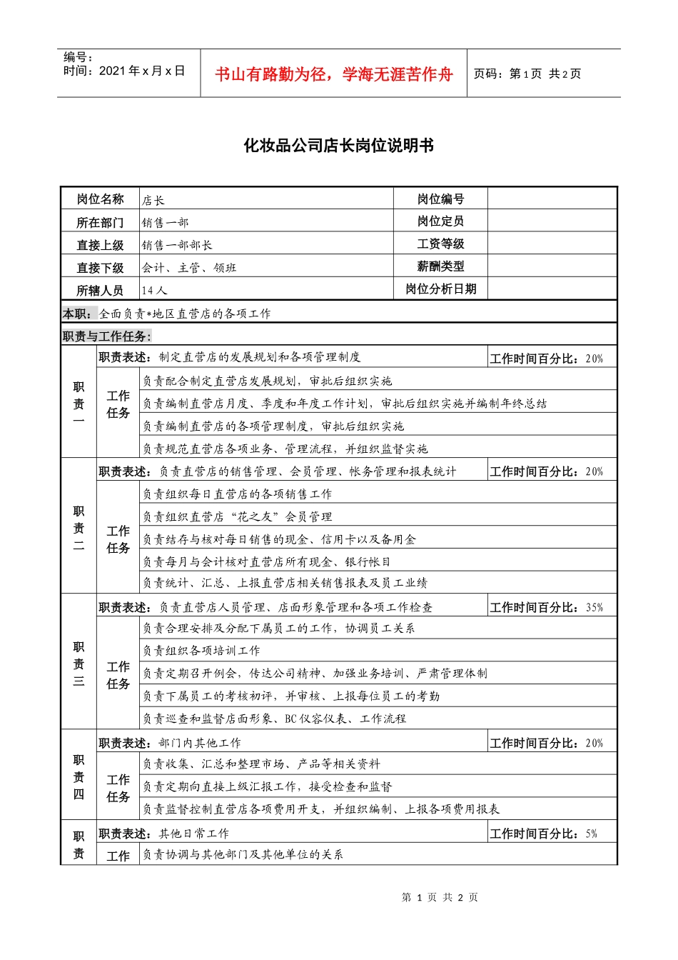 化妆品公司店长岗位说明书_第1页
