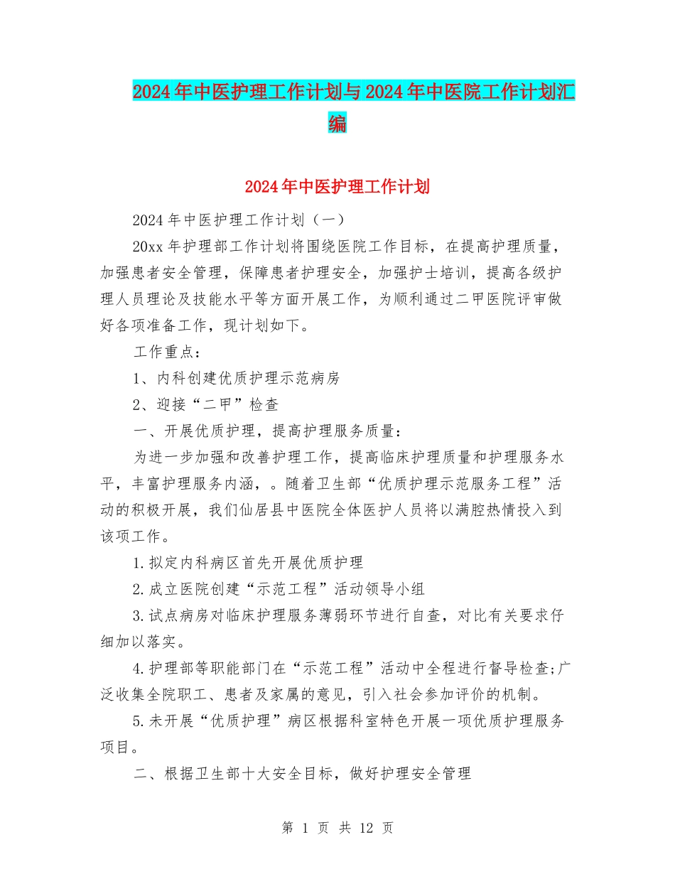 2024年中医护理工作计划与2024年中医院工作计划汇编_第1页