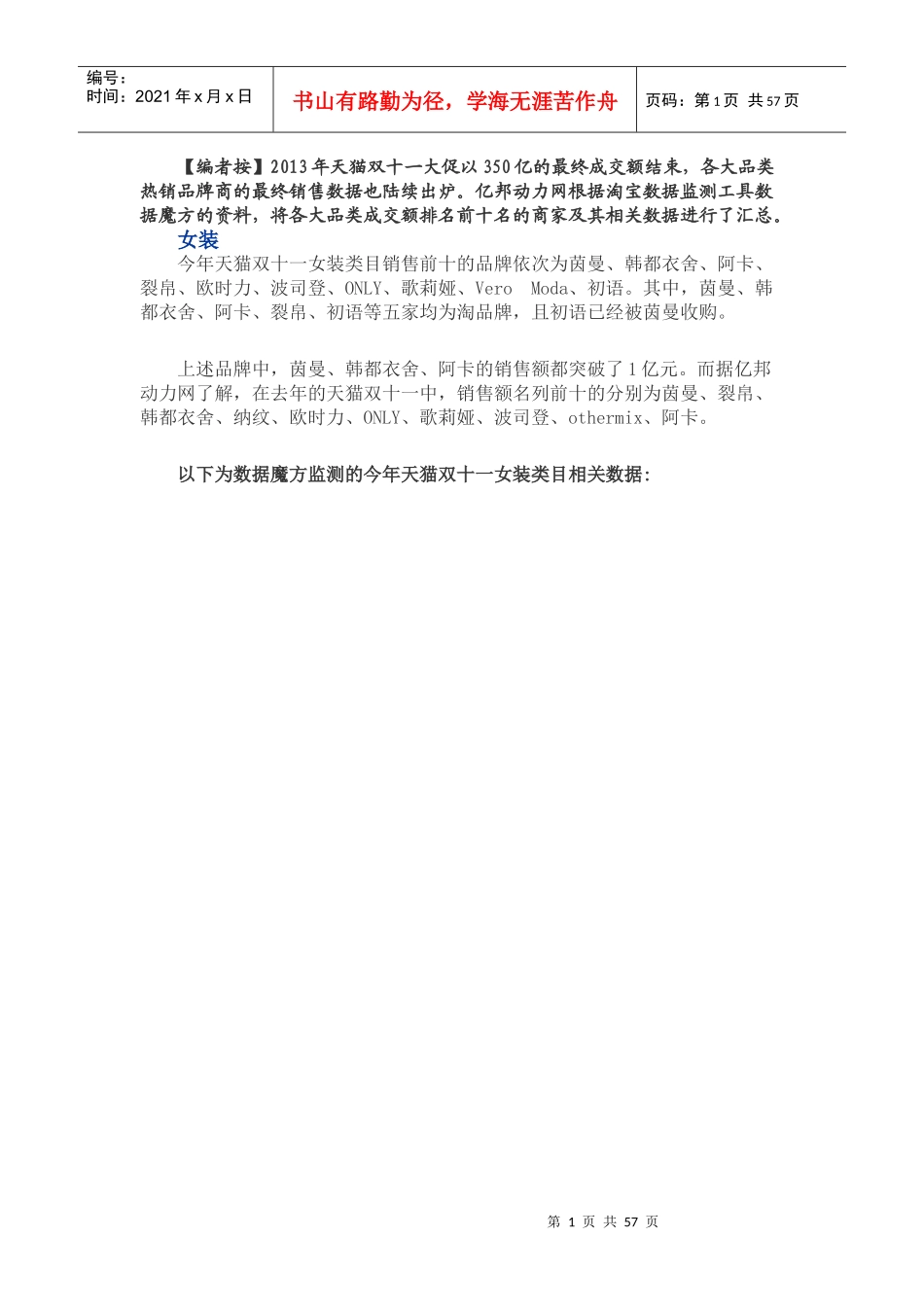 双十一天猫各品类销售排名培训讲义_第1页