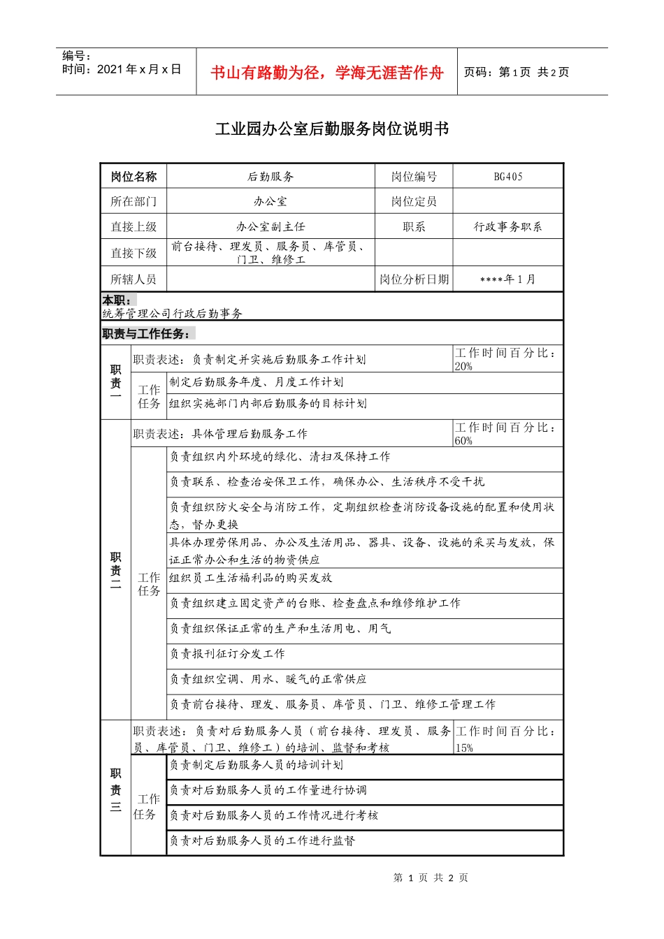 工业园办公室后勤服务岗位说明书_第1页
